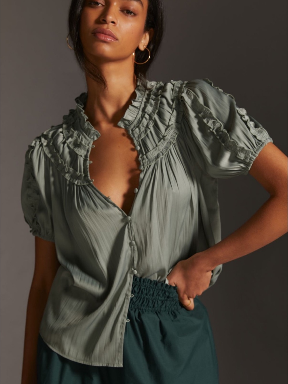 Anthropologie Shirred short sleeved peasant Ruffled Button-Front Blouse moss
